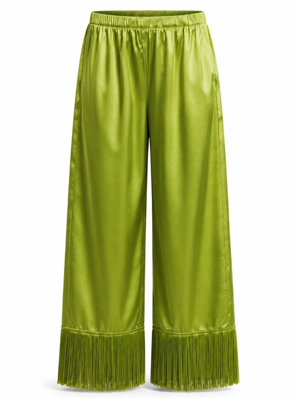 Women Green Satin Wide Leg Fringe Pants Elegant Party Going Out Fall